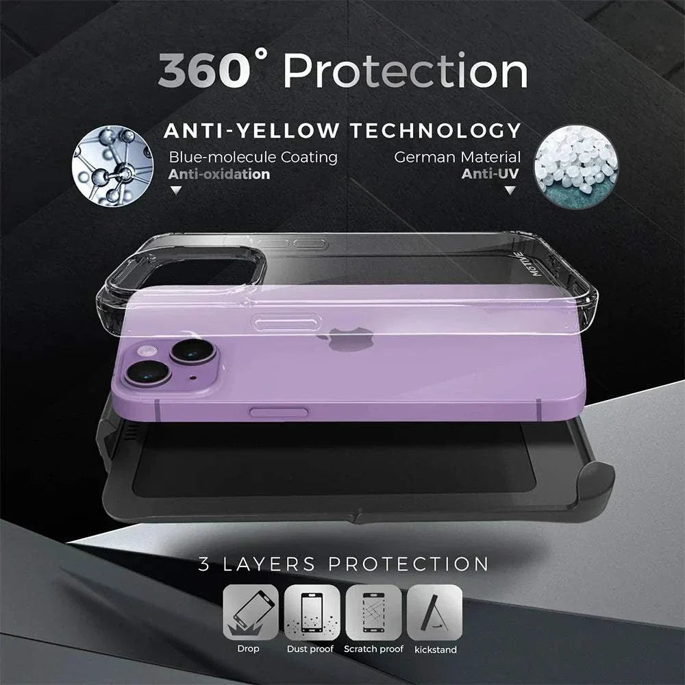 Clear case for iPhone 14 Plus with holster and kickstand, featuring 360° protection, anti-yellow technology, and military-grade durability.