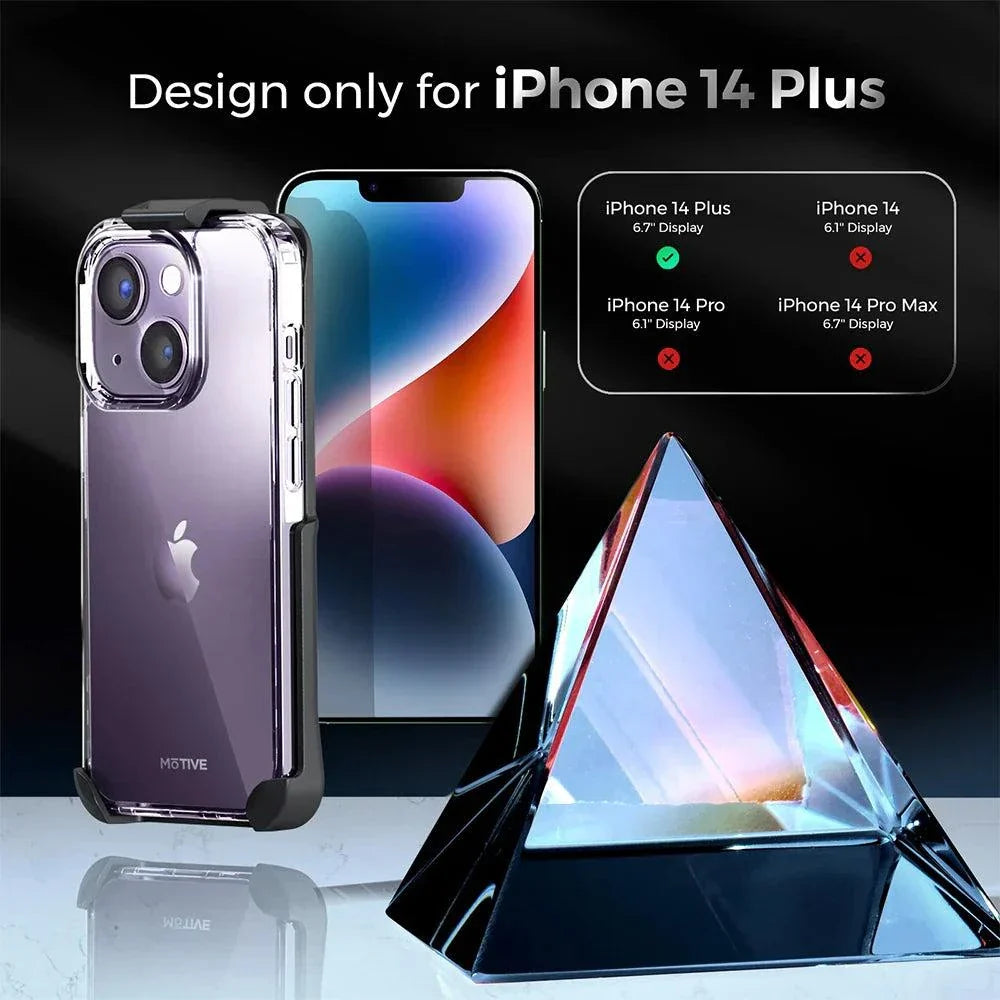 Clear iPhone 14 Plus case with holster, kickstand, and military-grade protection.