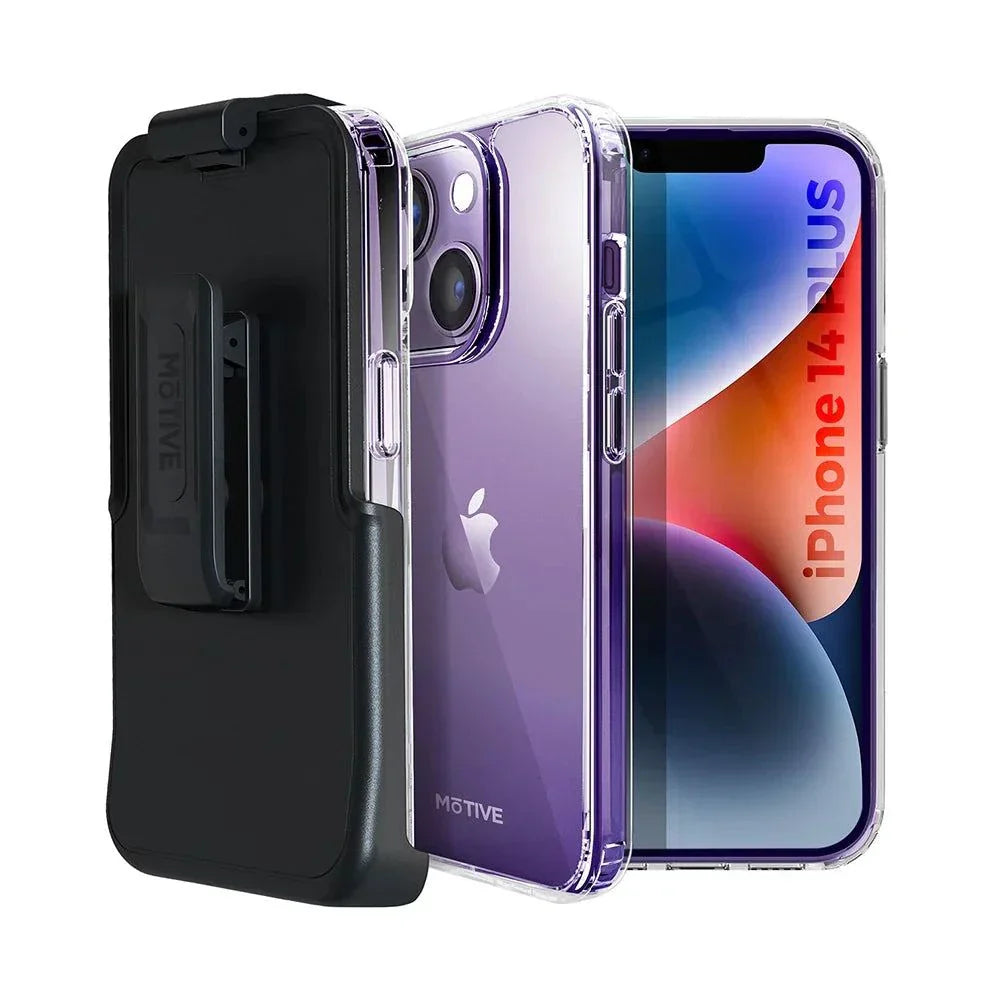 Clear case for iPhone 14 Plus with holster, kickstand, shockproof design.