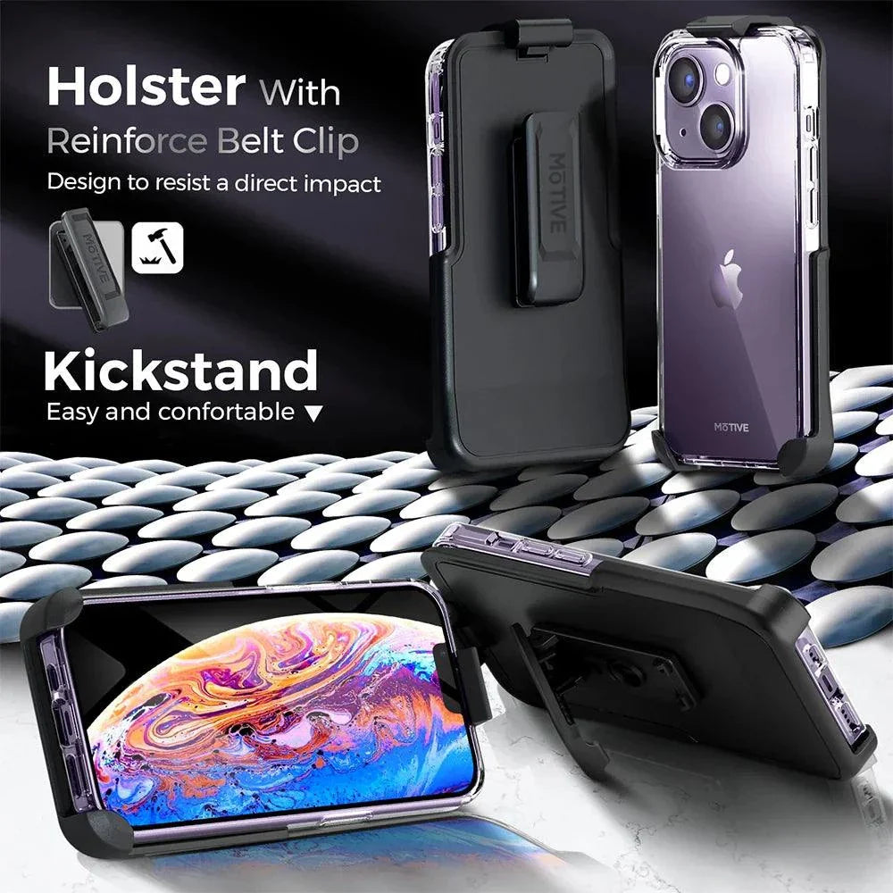 Clear case for iPhone 14 Plus with holster and kickstand, shockproof and military-grade protection.