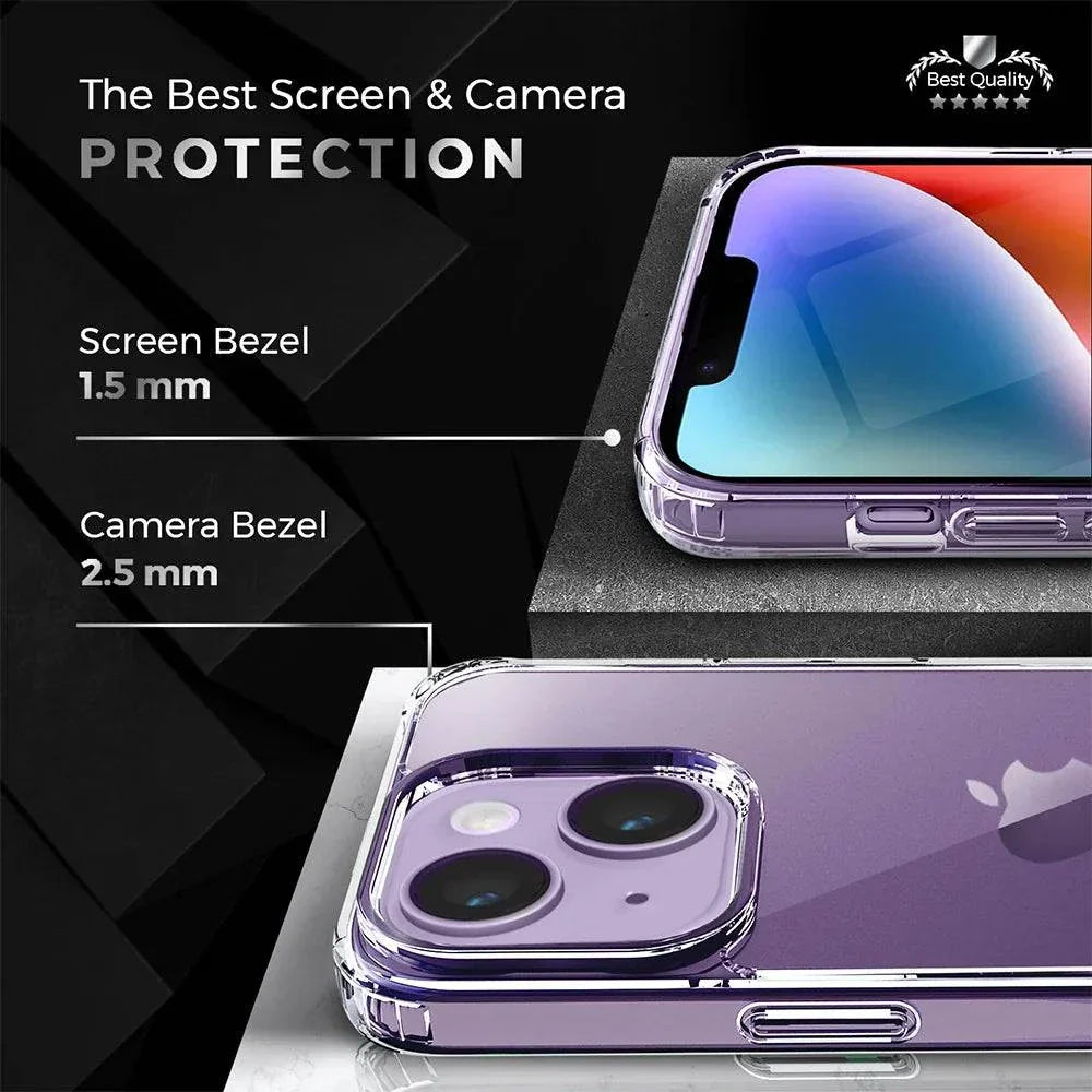 Clear case iPhone 14 Plus with holster and kickstand, shockproof protection.