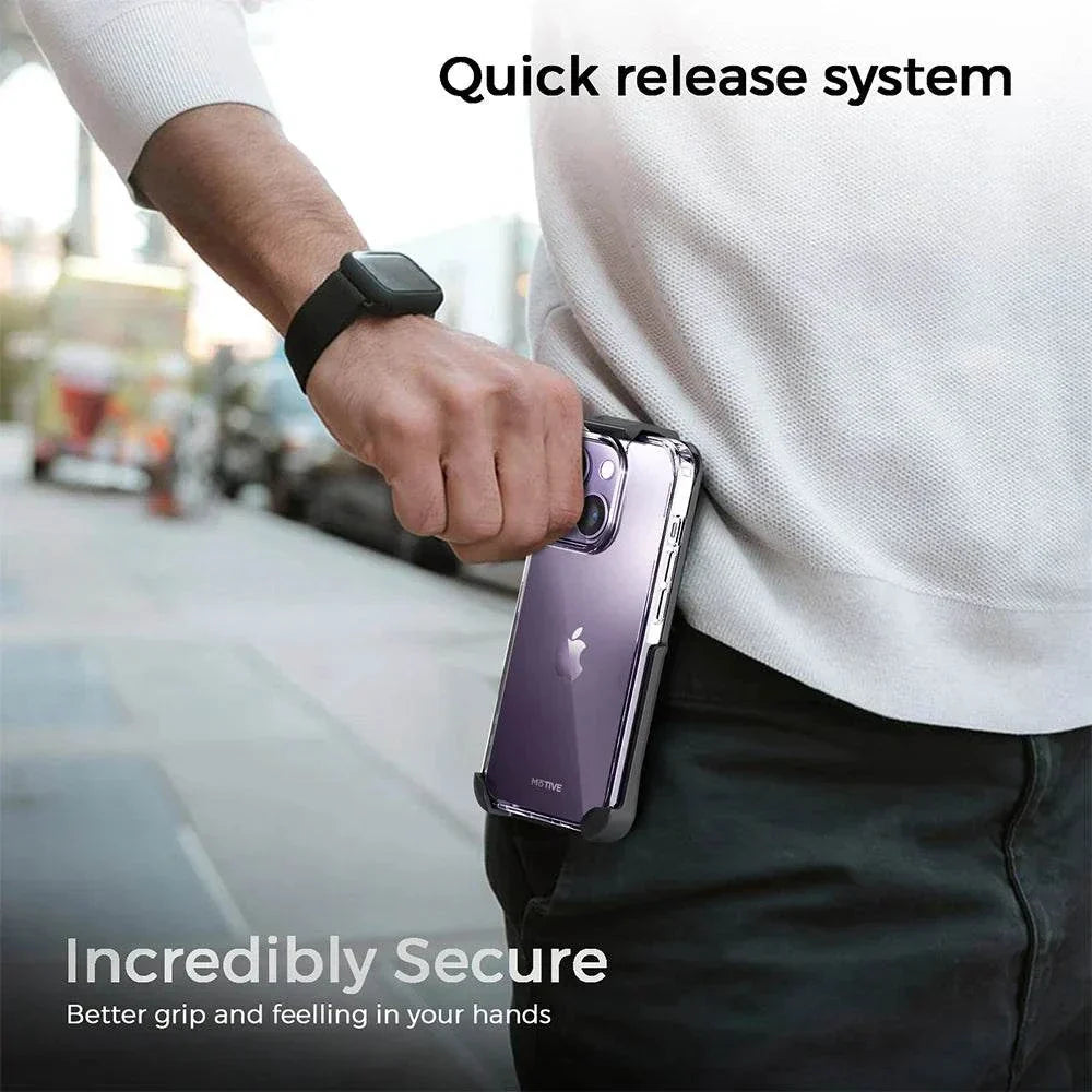 Clear case for iPhone 14 Plus with holster and kickstand, showcasing quick release system and secure grip.