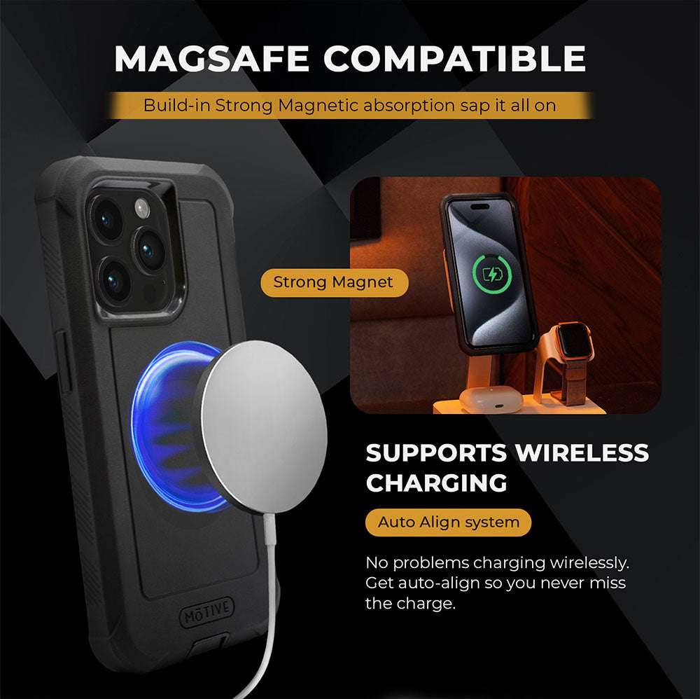 iPhone 15 Pro heavy duty case with belt clip holster, kickstand, and wireless charging compatibility.
