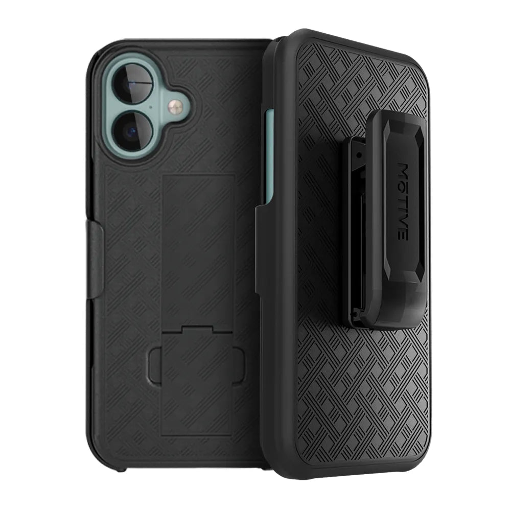 Black MOTIVE holster case for iPhone 16 Plus with a secure belt clip
