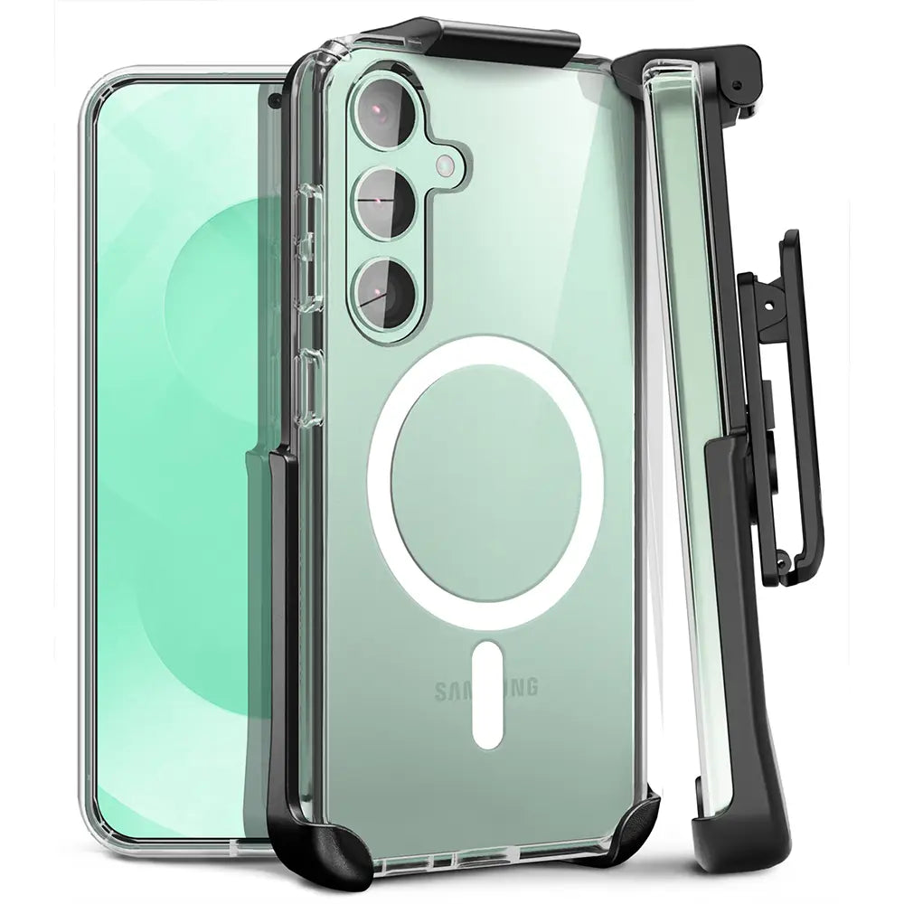 Crystal clear MOTIVE S25 Plus phone case with anti-yellowing design, 15ft drop-proof, and MagSafe compatibility.