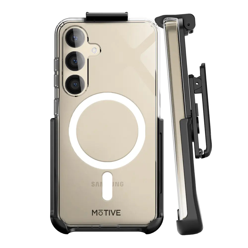 Clear phone case and holster for Samsung Galaxy S24 Plus with non-yellowing, slim design, and Air-Pocket Technology.