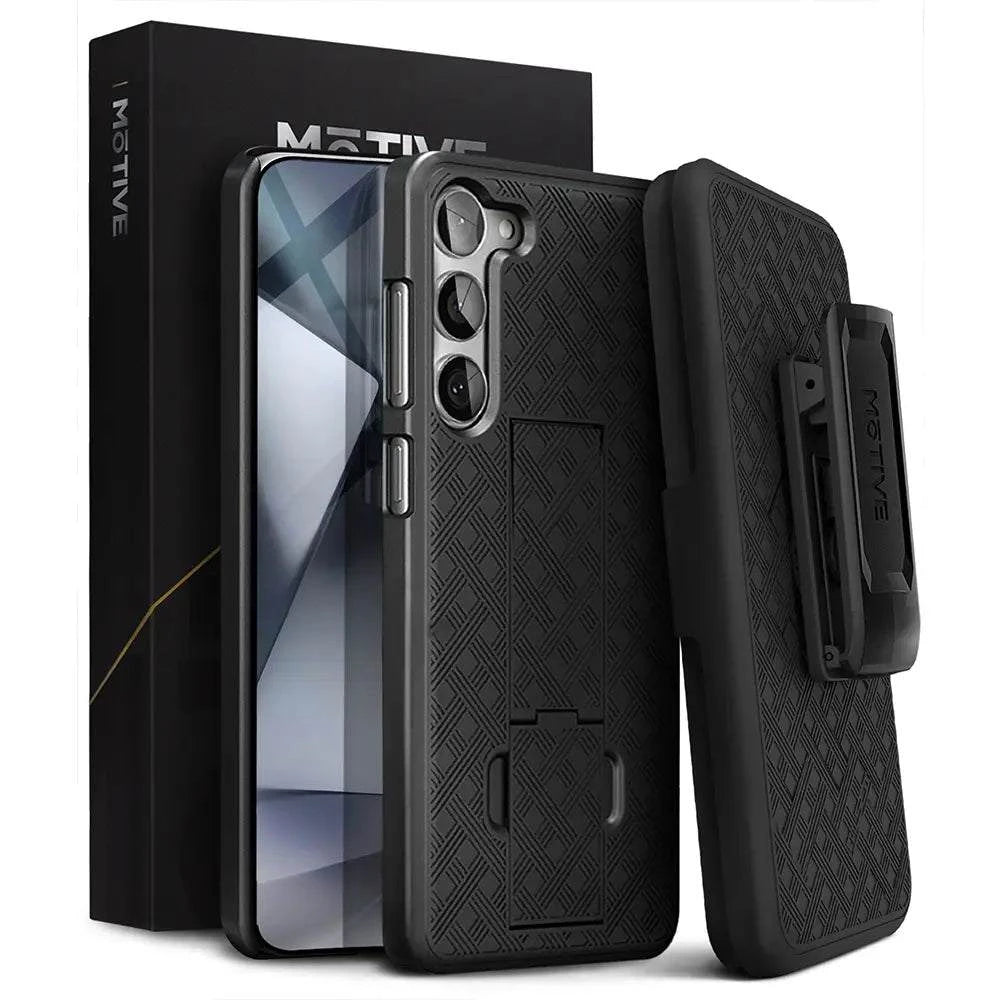 Samsung S24 case with belt clip and dual kickstands, featuring rugged quad-layer protection and shockproof design.