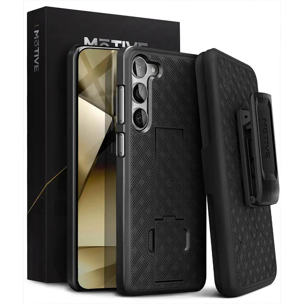 Samsung s24 Plus case with belt clip, durable black quad-layer protection with dual kickstands and integrated holster.