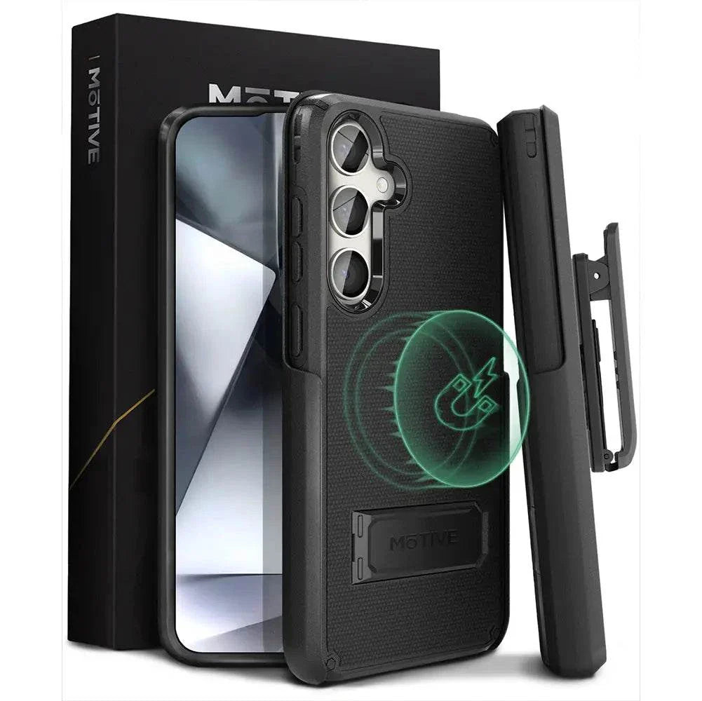 Galaxy S24 case with belt clip, protective holster, and kickstand; dual-layer rugged design.