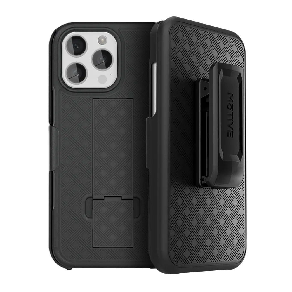 Keep your iPhone 16 Pro protected and within reach with this rugged holster case from MOTIVE. The case features a secure belt clip for easy carrying
