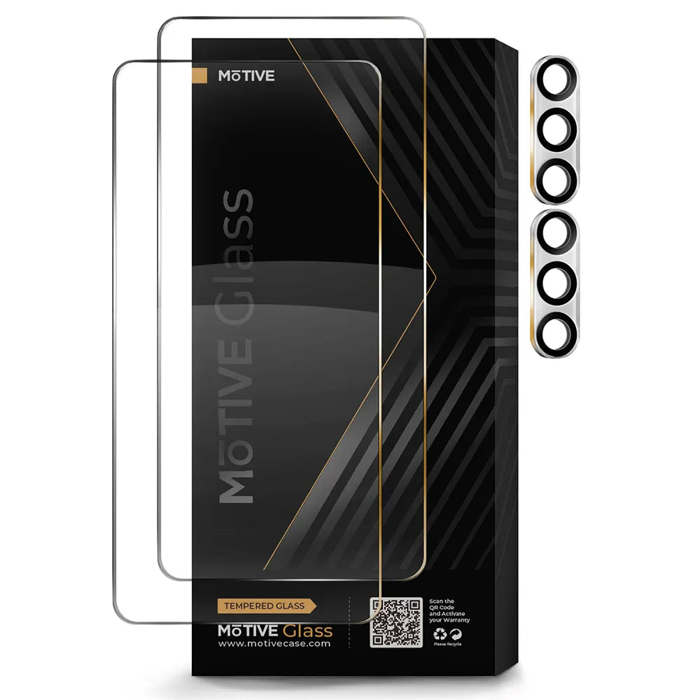 Galaxy S24 Glass screen protector 4-pack with camera lens protectors and installation frame.