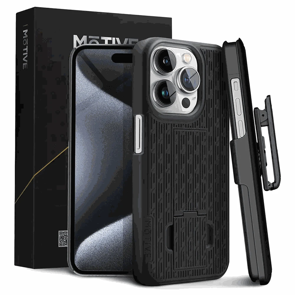 Durable iPhone 15 Pro case with belt clip and kickstand, military-grade protection.