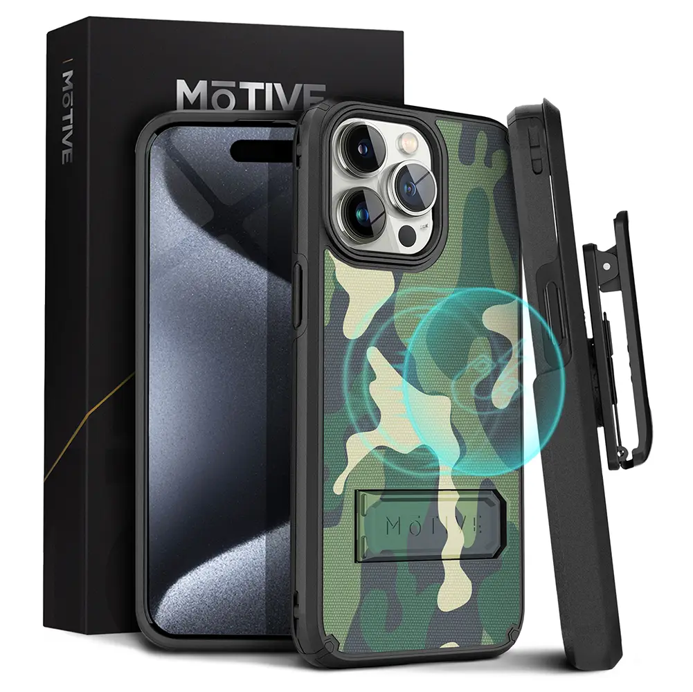 iphone 15 pro case kickstand and belt clip holster in rugged camouflage design.