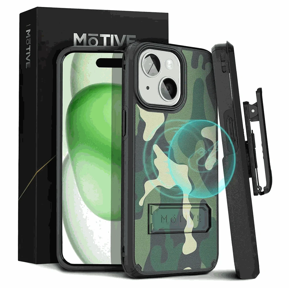 iPhone 15 case with clip, belt holster, kickstand, and card slot in rugged camo design for protection and convenience.