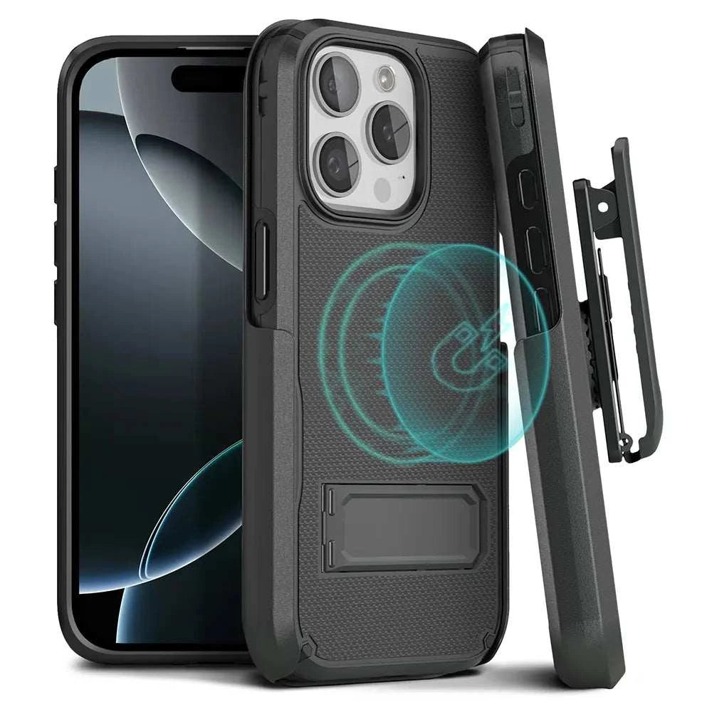 Black iPhone 16 Pro case with a built-in magnetic mount and belt clip. The case offers 360-degree rotation and military-grade protection. Perfect for hands-free use and on-the-go convenience. Compatible with most magnetic car mounts. #iPhone16Procasekickstand