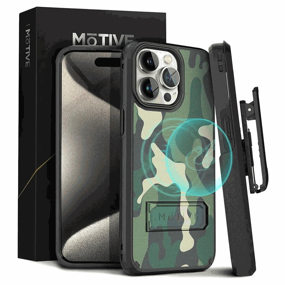 iPhone 15 Pro Max camouflage kickstand case with belt clip holster for rugged protection and hands-free viewing.