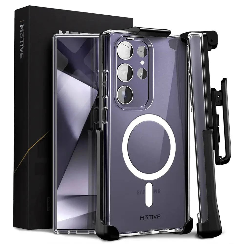 Clear phone case and holster for Galaxy S24 Ultra, showcasing non-yellowing design and drop protection.