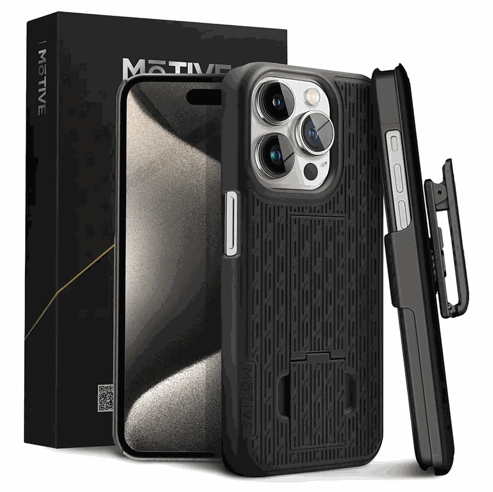 iPhone 15 Pro Max case with belt clip, quad-layer protection, dual kickstands, shockproof design.