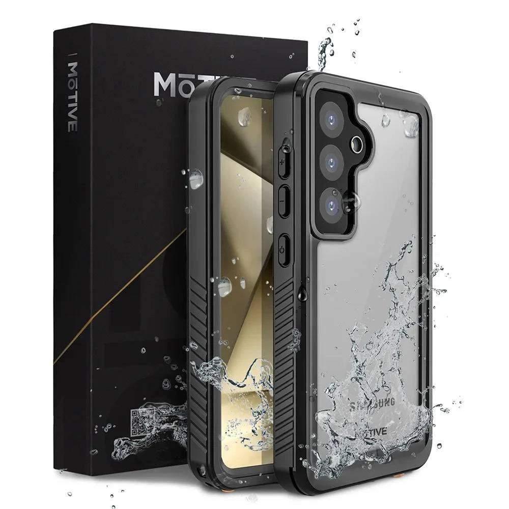 Galaxy S24 Plus waterproof case in black with water splashes, offering full protection and built-in screen protector.