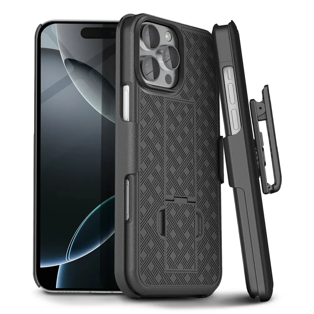 Black iPhone 16 Pro holster case with belt clip and card slot