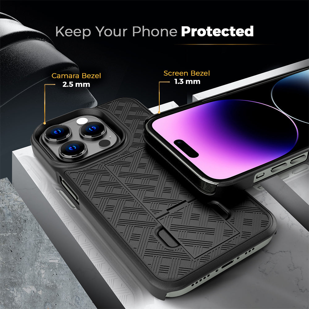 iPhone 14 Pro Max holster with belt clip, kickstand, military-grade protection, durable case.