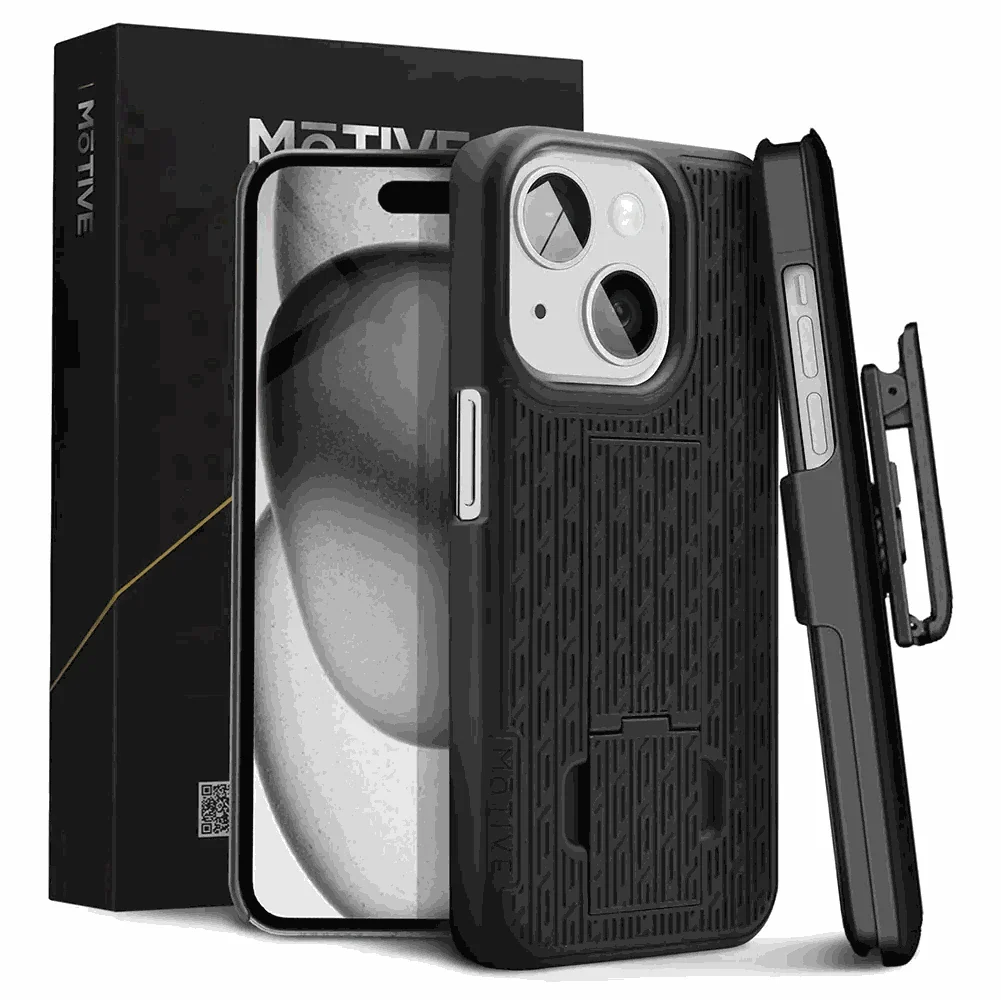 Durable iPhone 15 Plus case with belt clip, kickstand, and card slot.