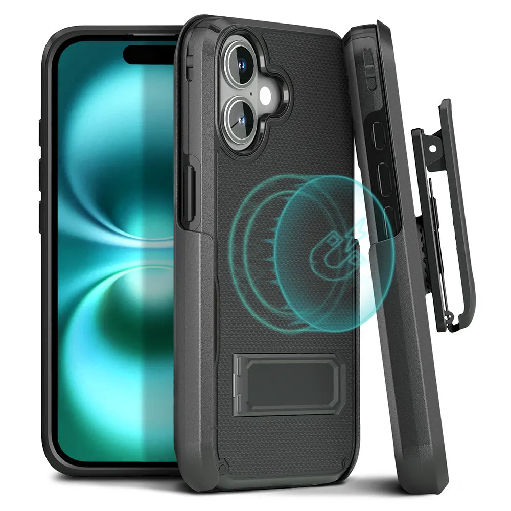 A black iPhone 16 case with clip featuring a rugged design and raised camera bezel for added protection