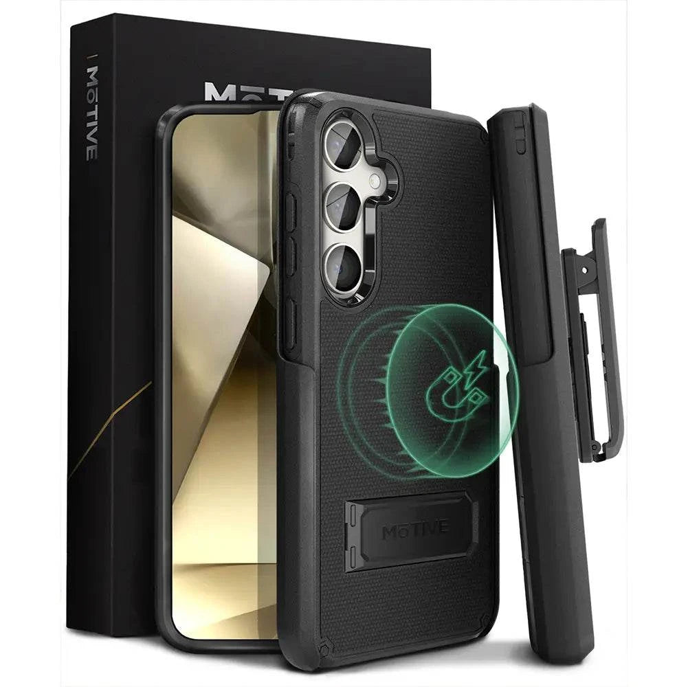 Galaxy S24 Plus case with belt clip and dual kickstands featuring durable quad-layer protection.