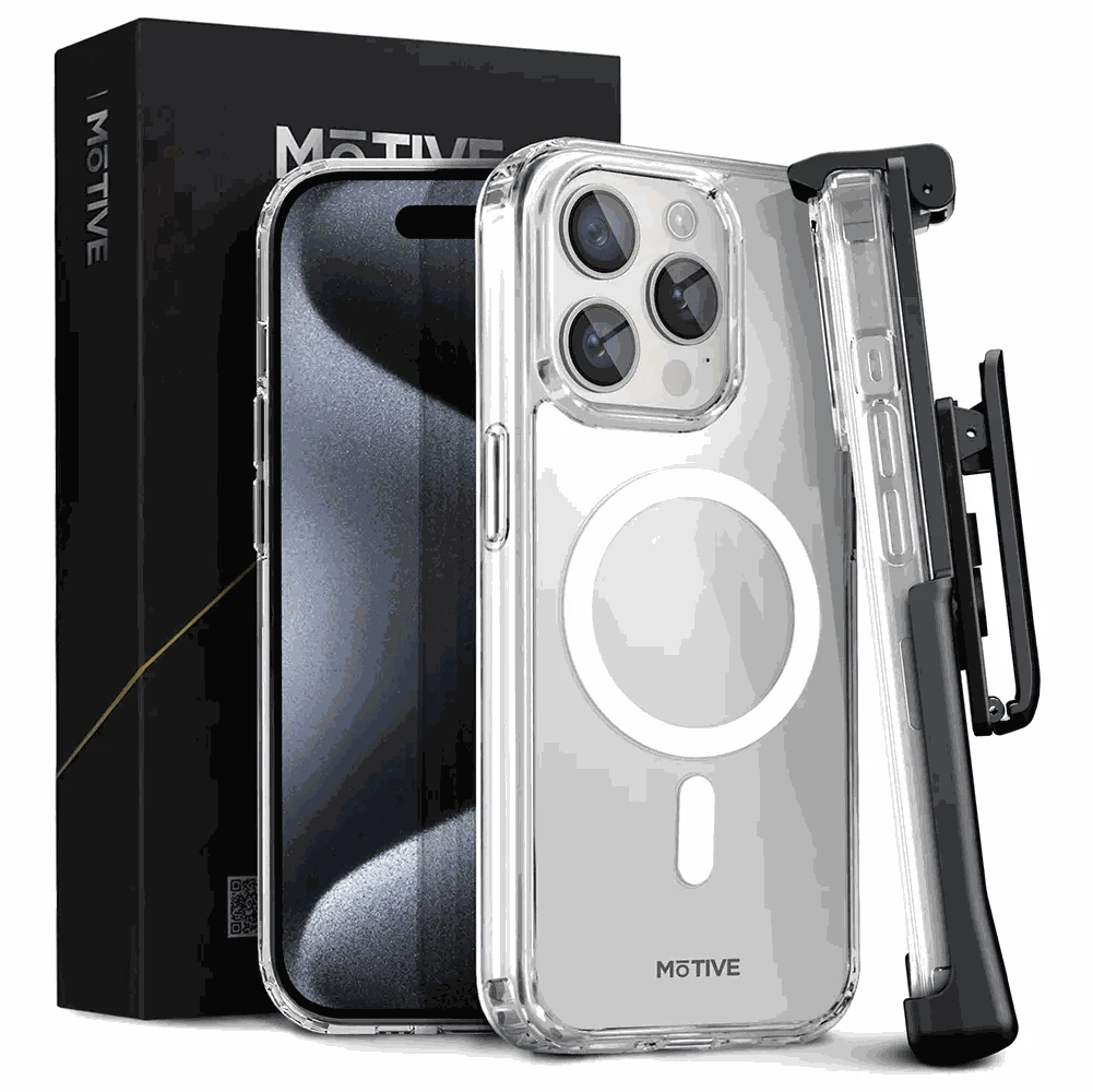 Clear iPhone 15 Pro case with belt clip and holster for rugged protection.