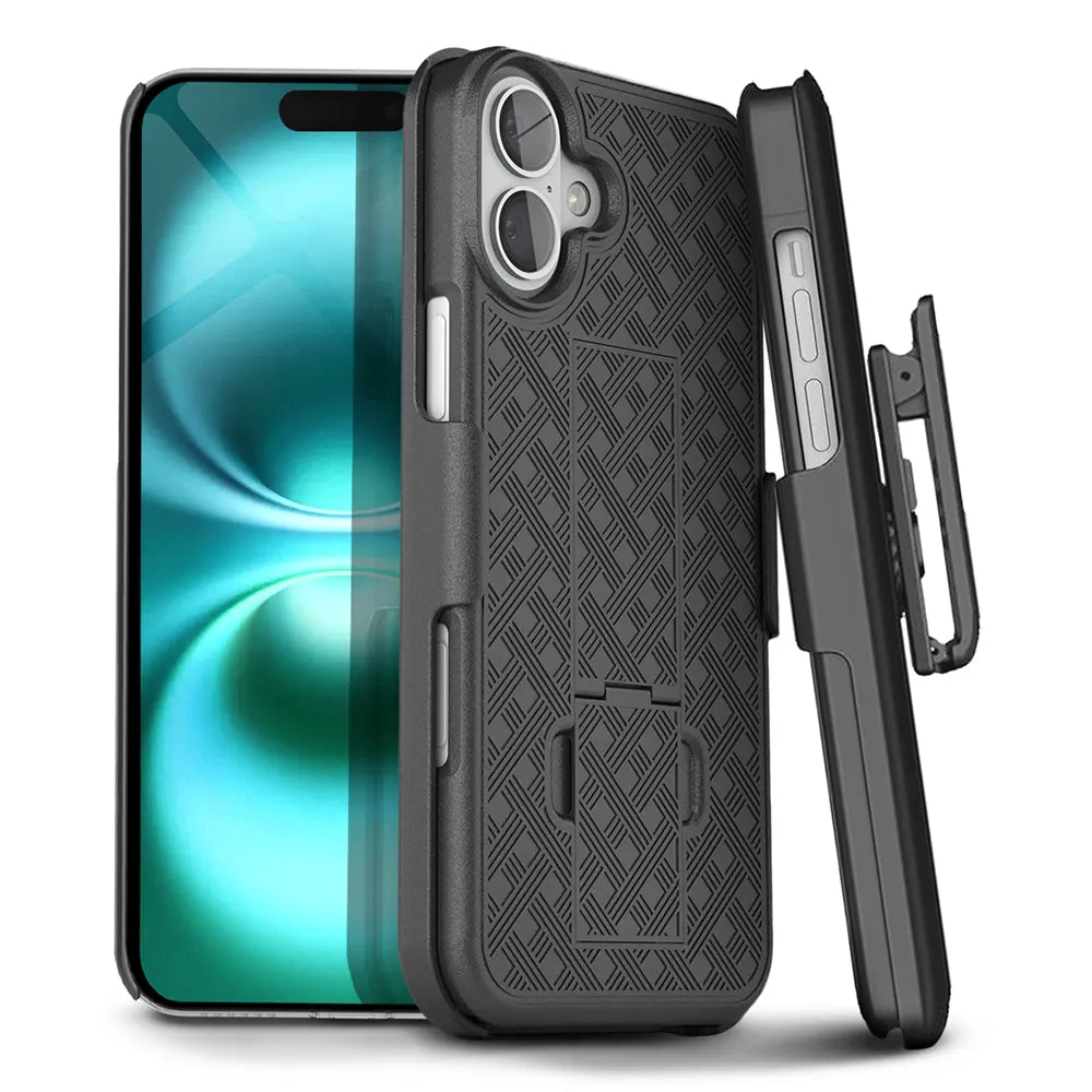 A black iPhone 16 holster with a durable belt clip. The case offers full-body protection for your device
