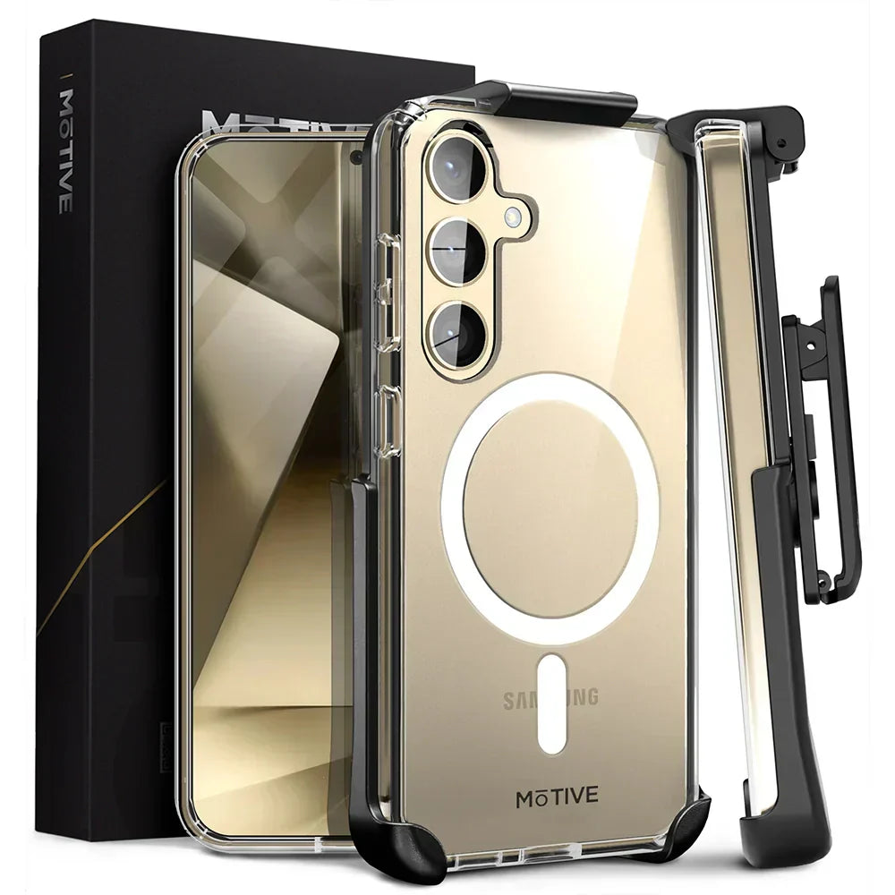 Clear phone case and holster for Samsung Galaxy S24 Plus with non-yellowing, drop protection, and wireless charging compatibility.