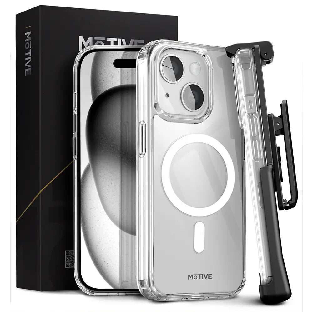 iPhone 15 Plus phone case with belt clip, clear, shockproof with kickstand, wireless charging compatible.