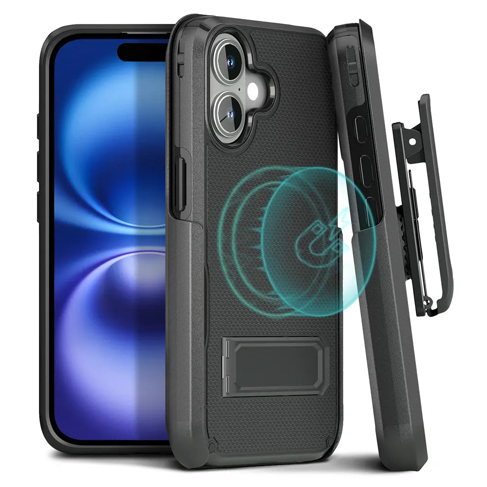 iPhone 16 Plus securely held in a case with belt clip, displaying the phone's screen