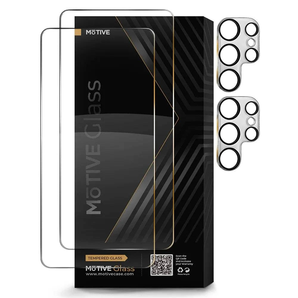 Galaxy S24 Ultra tempered glass screen and camera lens protector 4-pack.