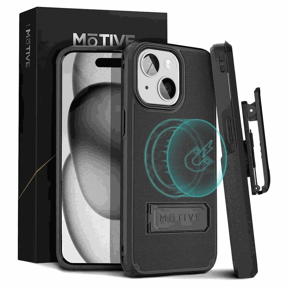 iPhone 15 Plus rugged case with kickstand, belt clip holster, 360° protection, black.