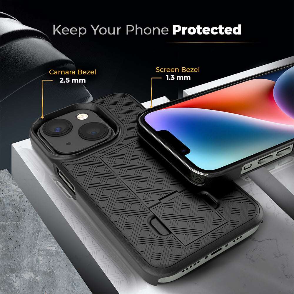 iPhone 14 Plus case with belt clip, durable design, military-grade protection, raised bezels, kickstand, card slot.