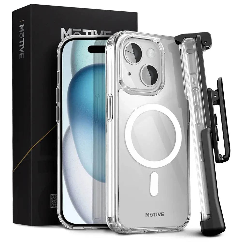 Clear iPhone 15 case with magnetic holster and kickstand, featuring military-grade protection.