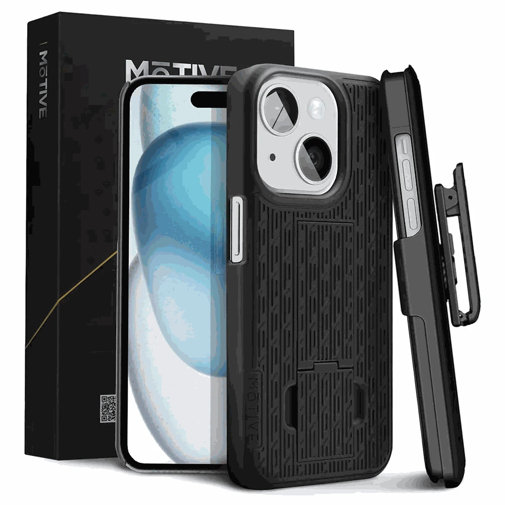 iPhone 15 belt clip case with kickstand, military-grade protection, and card slot.