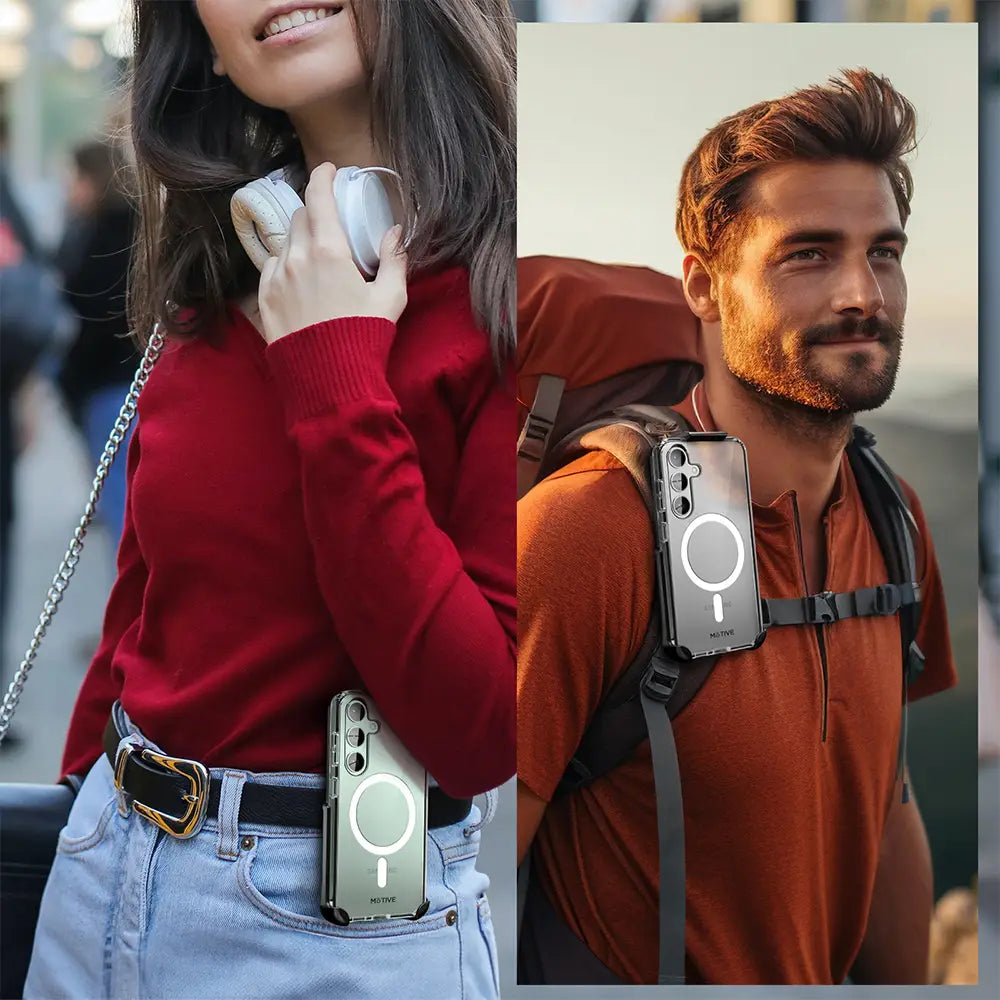 Crystal clear MOTIVE S25 Plus phone case with anti-yellowing and 15ft drop protection.