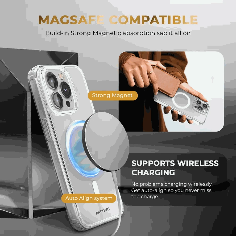 Clear iPhone 15 Pro Max case showcasing MagSafe compatibility and wireless charging with strong magnet and auto-align system.