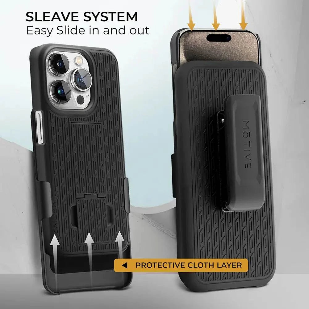 iPhone 15 Pro Max case with belt clip, rugged protection, dual kickstands, shockproof, slide-in design.