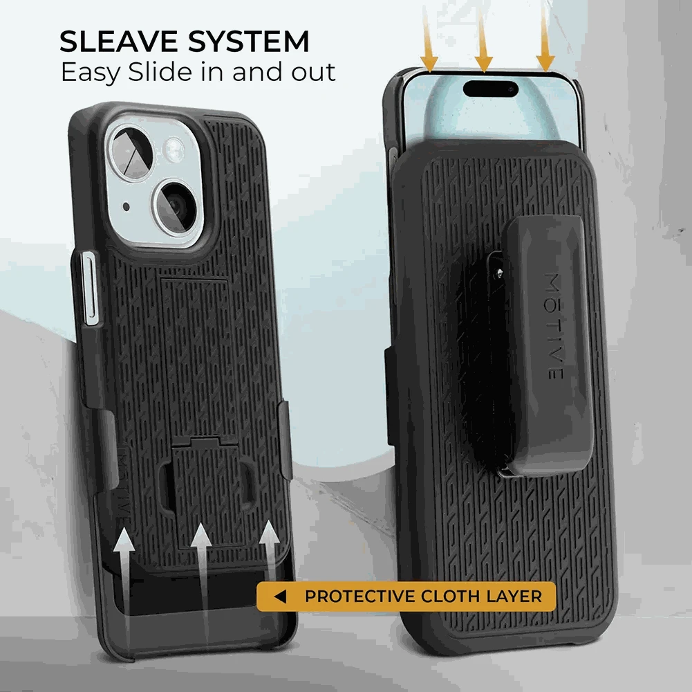 iPhone 15 belt clip case with kickstand and card slot for durable protection.