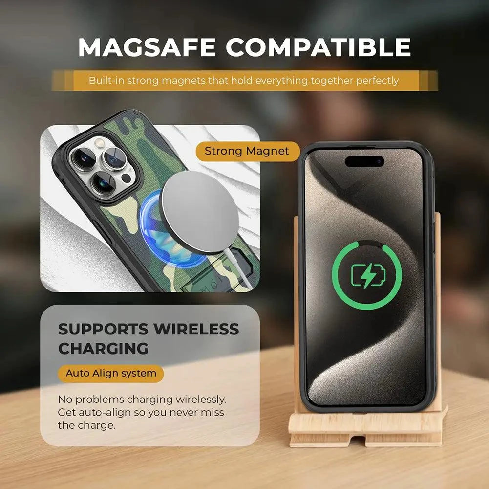 MagSafe compatible iPhone 15 Pro Max case with kickstand, belt clip holster, and wireless charging support.