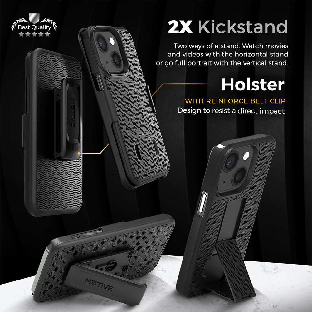 Durable iPhone 14 Plus case with belt clip, built-in kickstand, and card slot for secure protection.