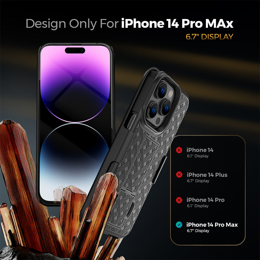 iPhone 14 Pro Max holster case with belt clip and kickstand, quad-layer protection, shockproof, 6.7" display compatibility.