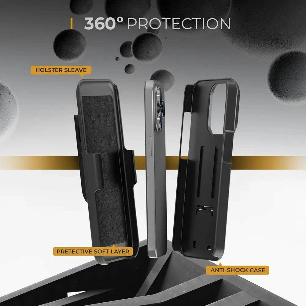 iPhone 15 Pro case with belt clip, featuring 360° protection, holster sleeve, protective soft layer, and anti-shock design.