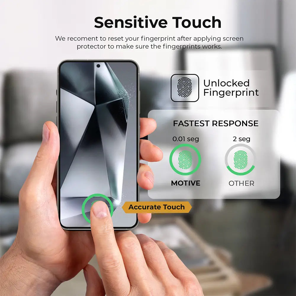 Galaxy S24 screen showing tempered glass protector with sensitive touch and ultrasonic fingerprint unlock.