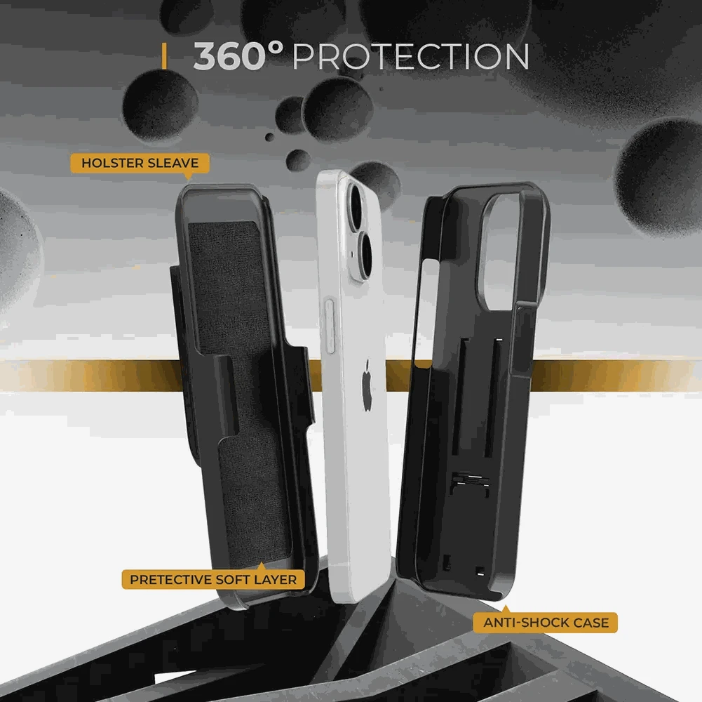 iPhone 15 belt clip case with 360° protection, holster sleeve, protective soft layer, and anti-shock design.