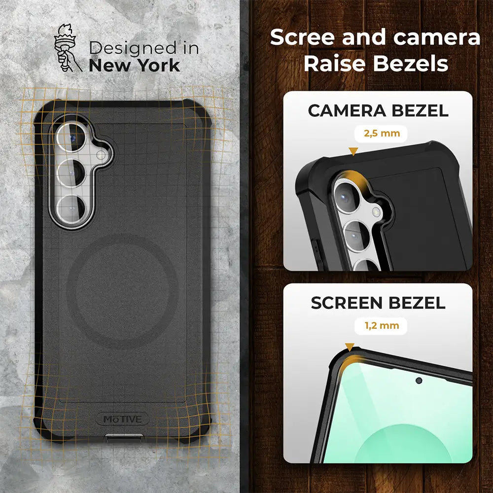 Samsung Galaxy S25 Plus case with belt clip, heavy duty protection, black, camera and screen bezels emphasized, designed in New York.