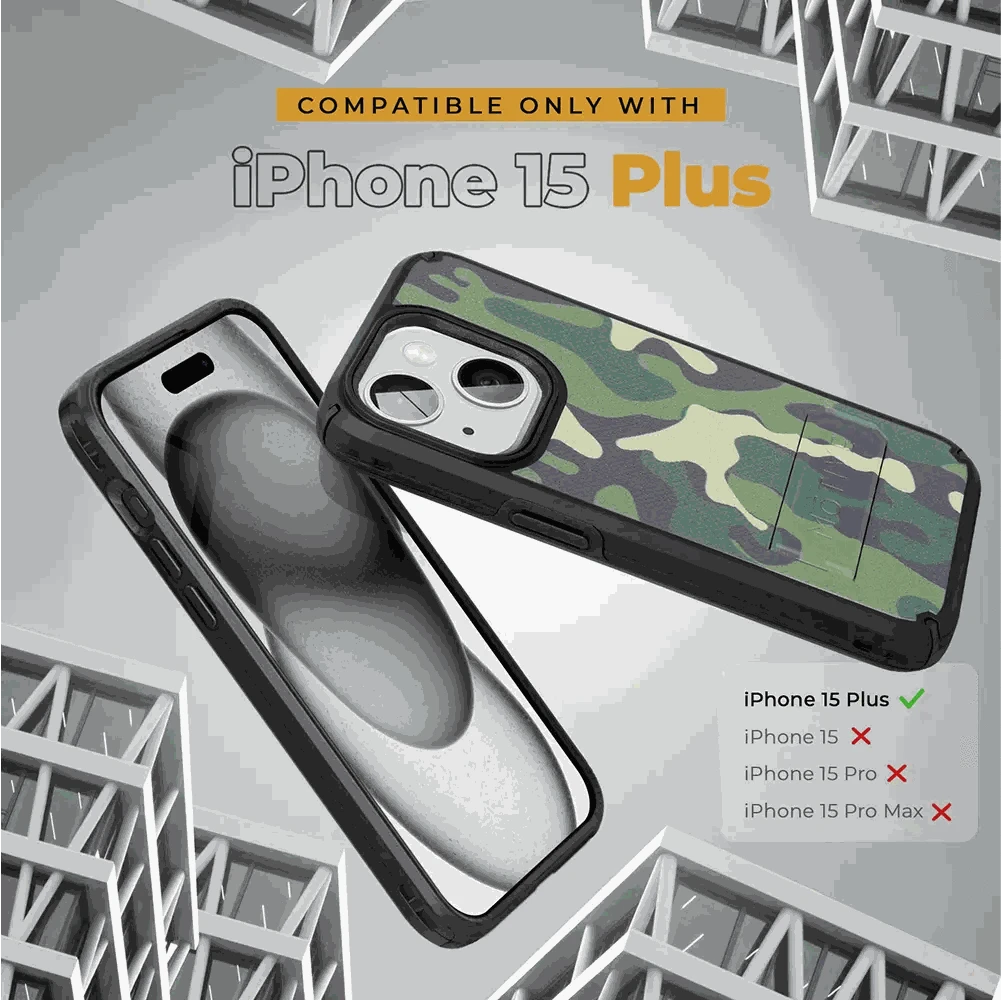 iPhone 15 Plus camouflage case with kickstand and belt clip holster.